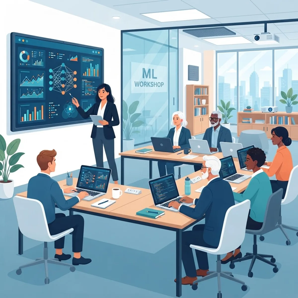 Professionals learning machine learning in a classroom