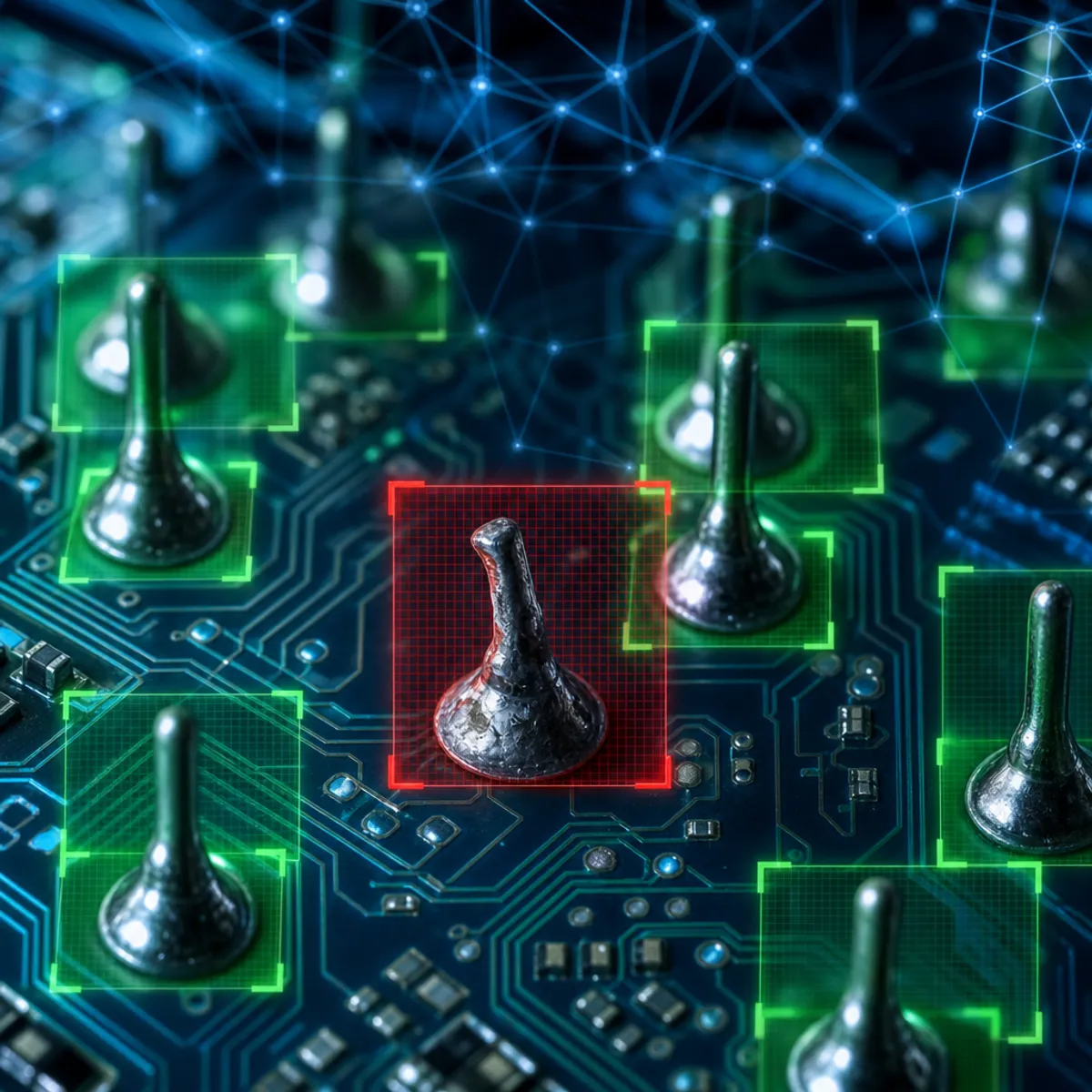 Machine learning highlighting a defective solder joint in red on a circuit board