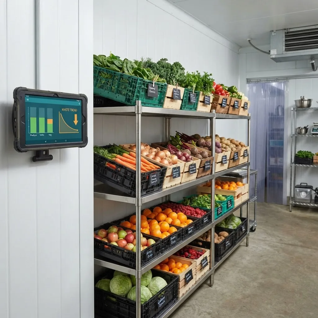 Organized commercial kitchen shelving with inventory tablet showing waste reduction
