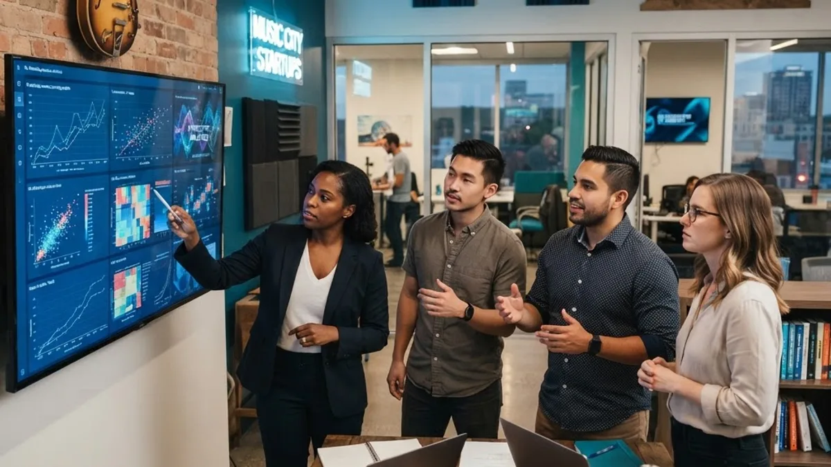 Machine learning concept for Nashville startups reviewing predictive data