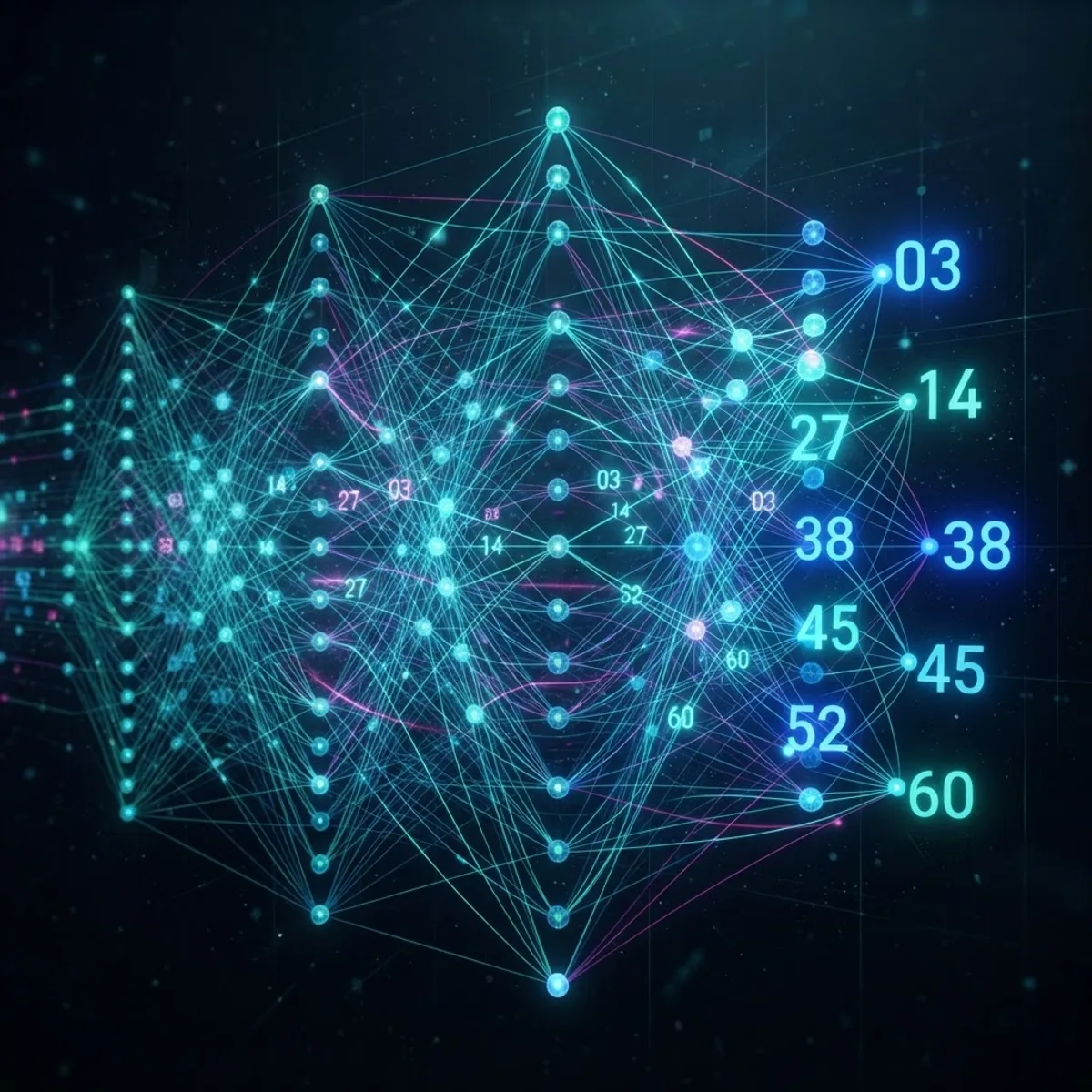 Neural network visualizing lottery number patterns with glowing nodes