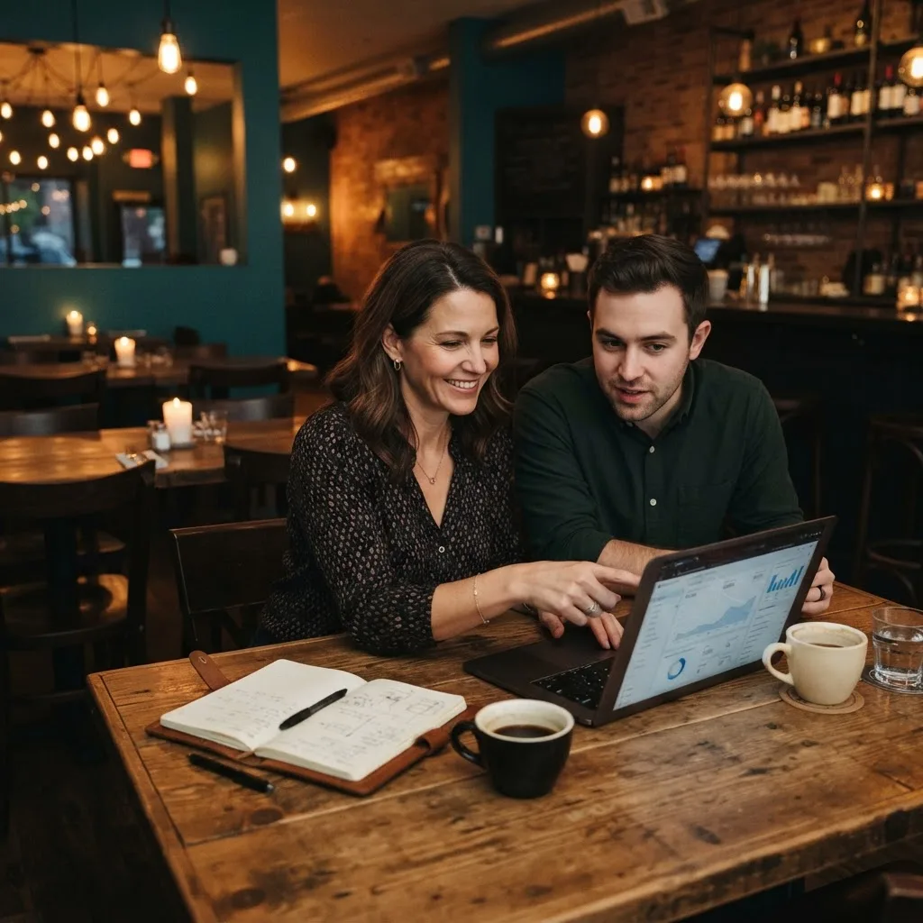 Restaurant owner and manager reviewing performance data on a laptop