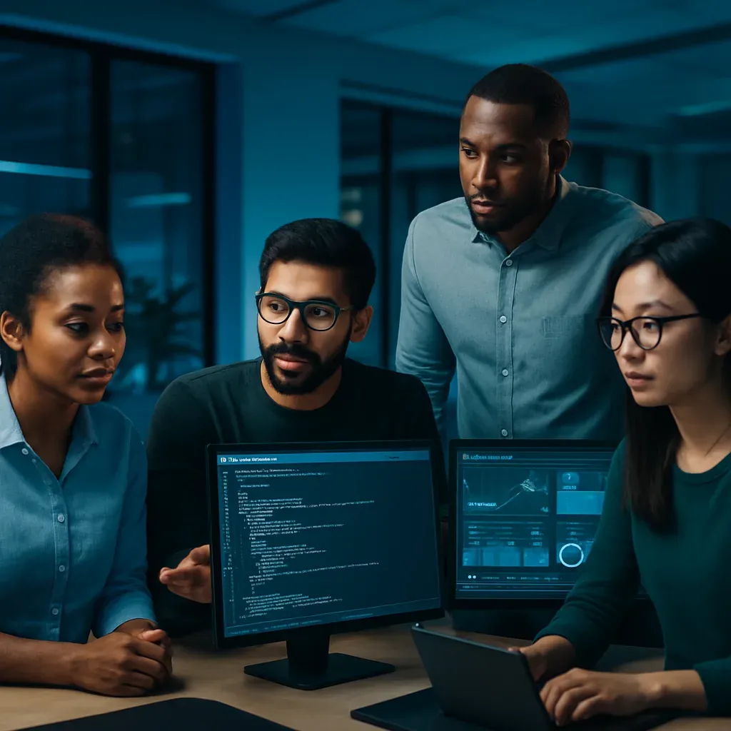 Machine learning development team collaborating in Charlotte office