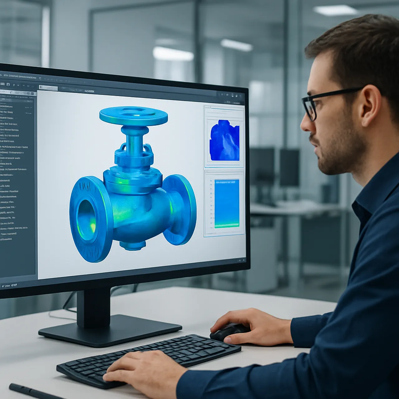 Engineer using machine learning generative design software to model an industrial valve