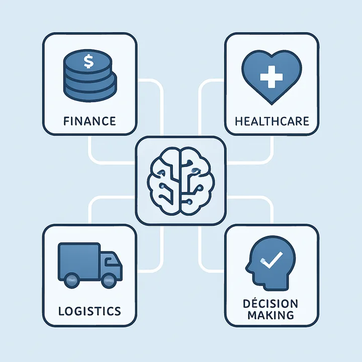 AI brain connected to finance, healthcare, and logistics icons