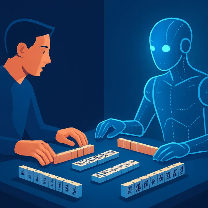 A human player facing a digital AI opponent across a mahjong table