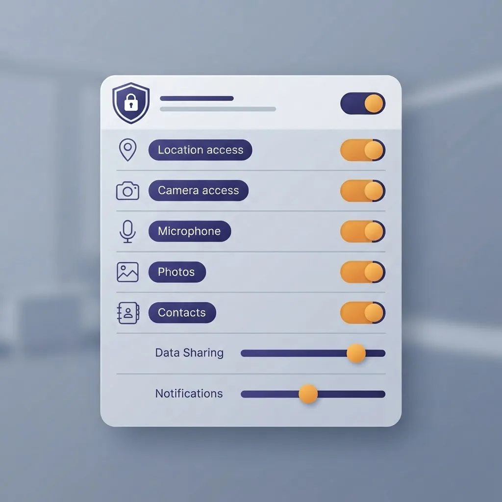 Privacy control panel with permission toggles and shield icon