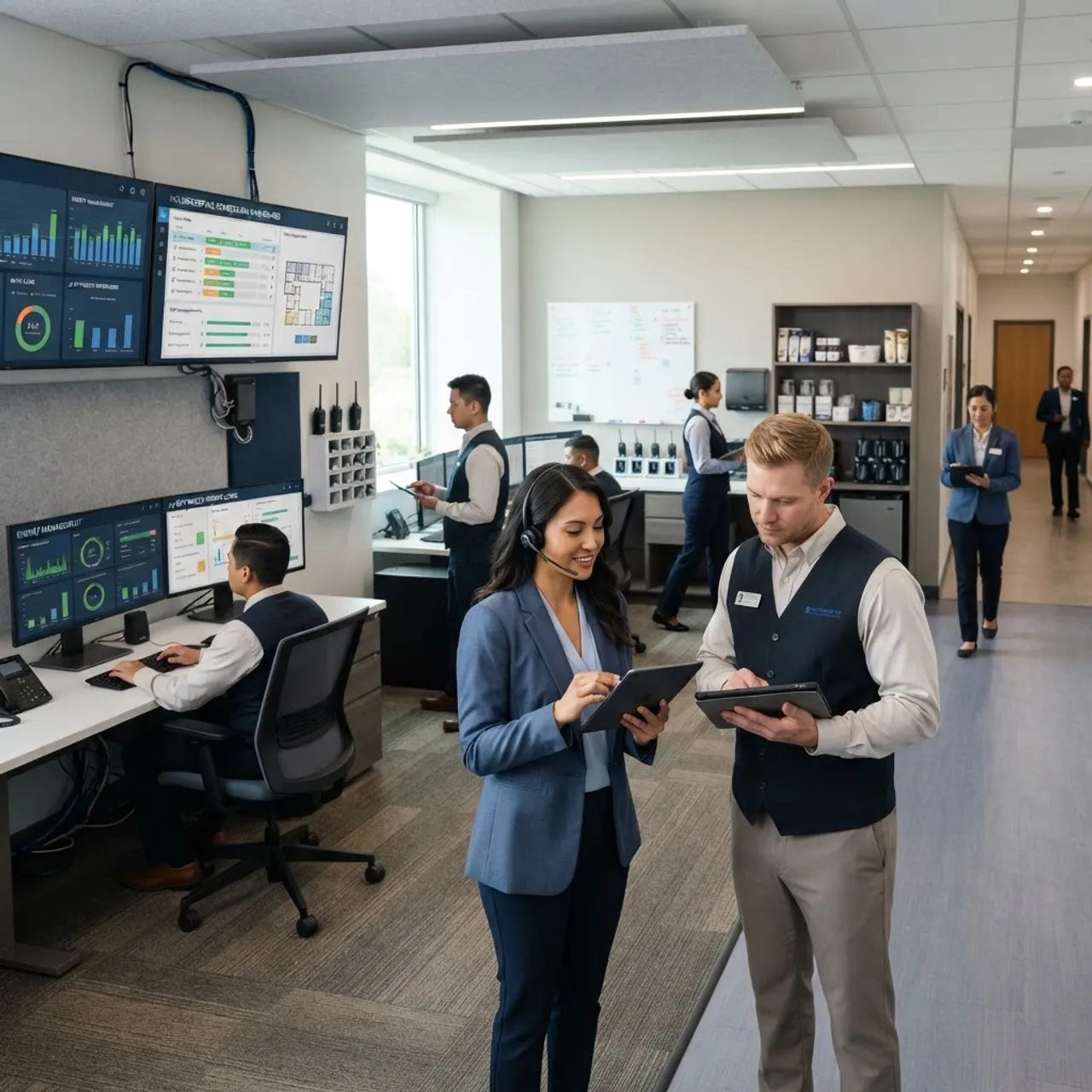 AI-optimized hotel operations with staff using tablets
