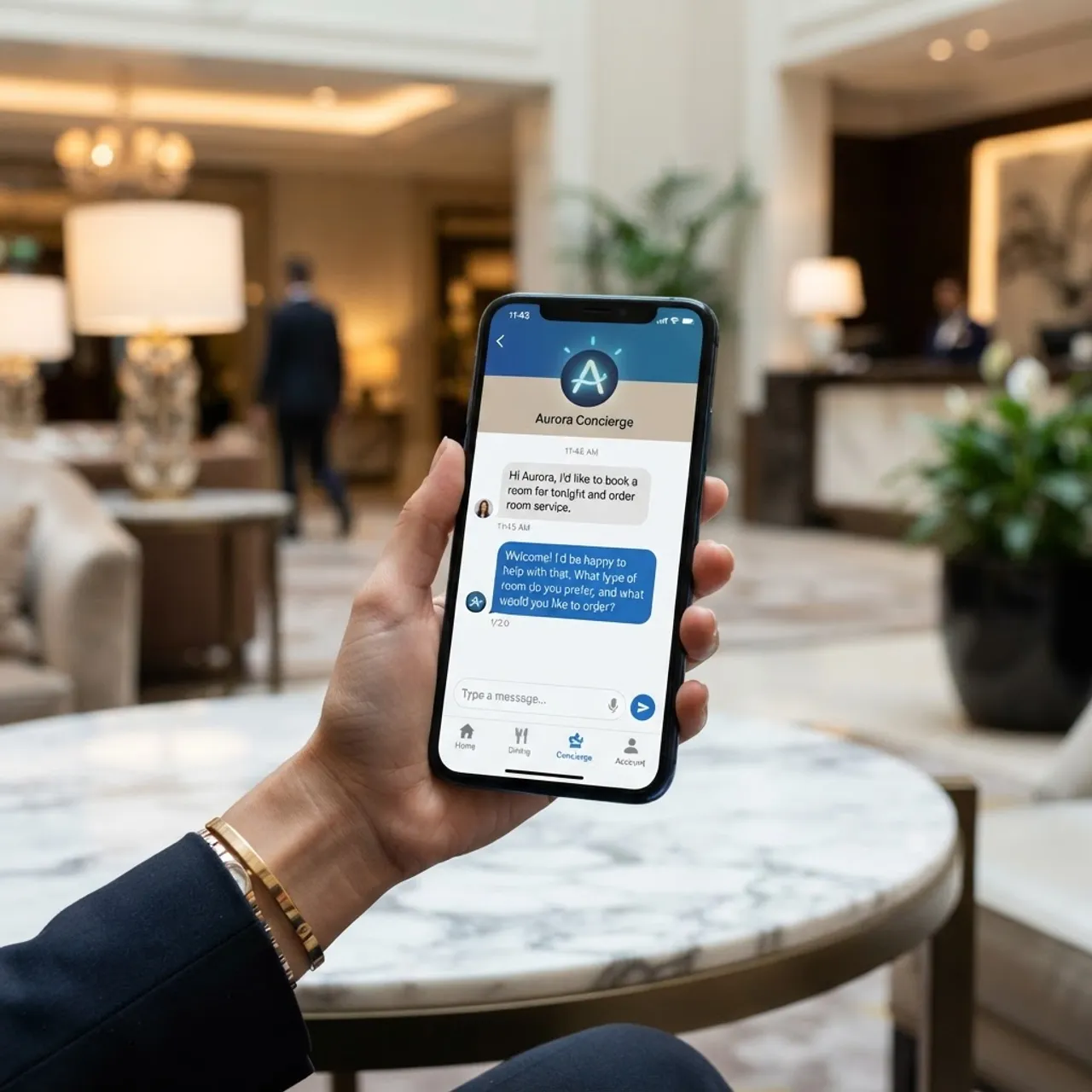 AI virtual concierge chatbot on a smartphone in a hotel