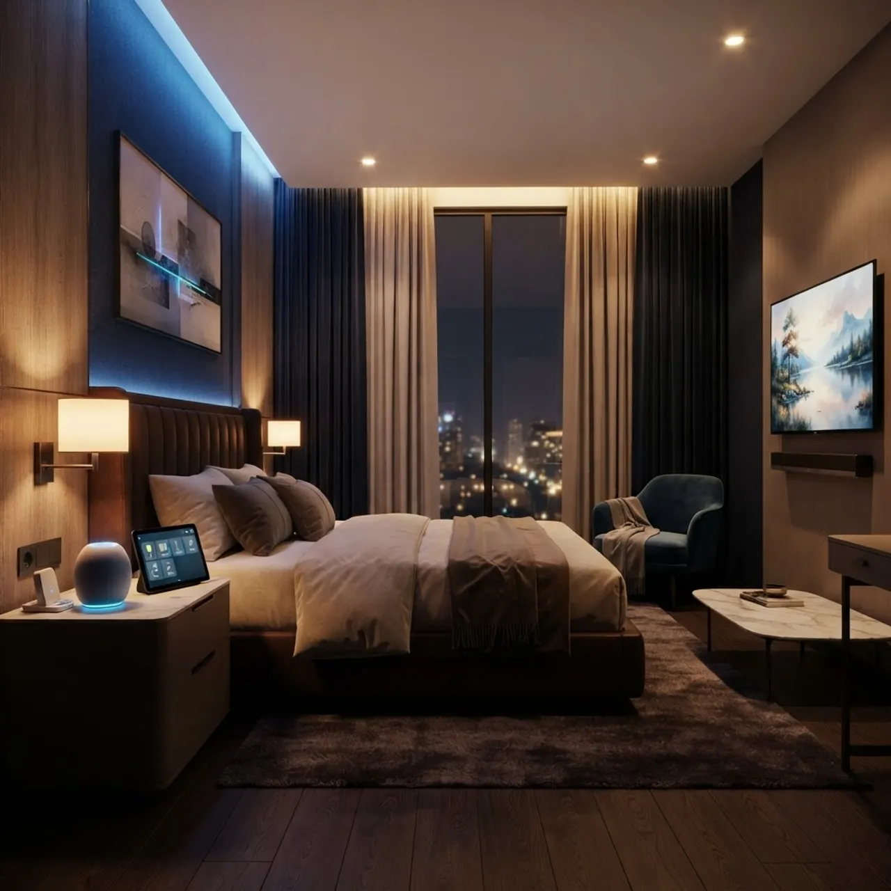 Luxury smart hotel room with AI voice-controlled technology