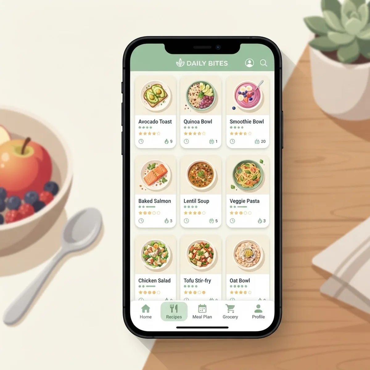 AI-generated healthy meal recommendation cards