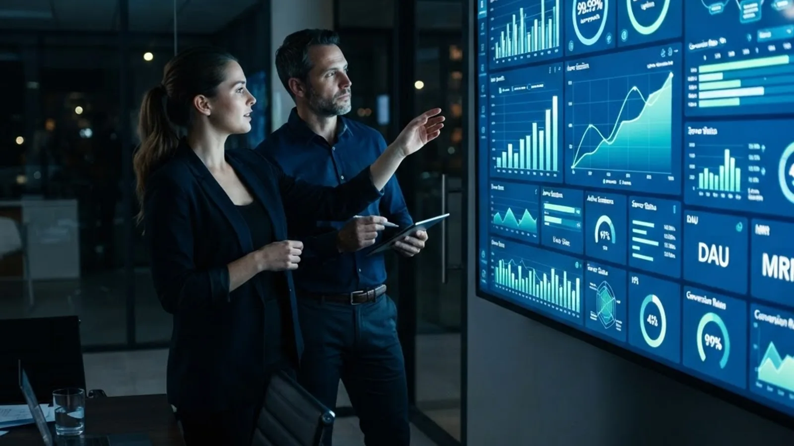 Team reviewing KPI dashboards and growth charts on a large screen