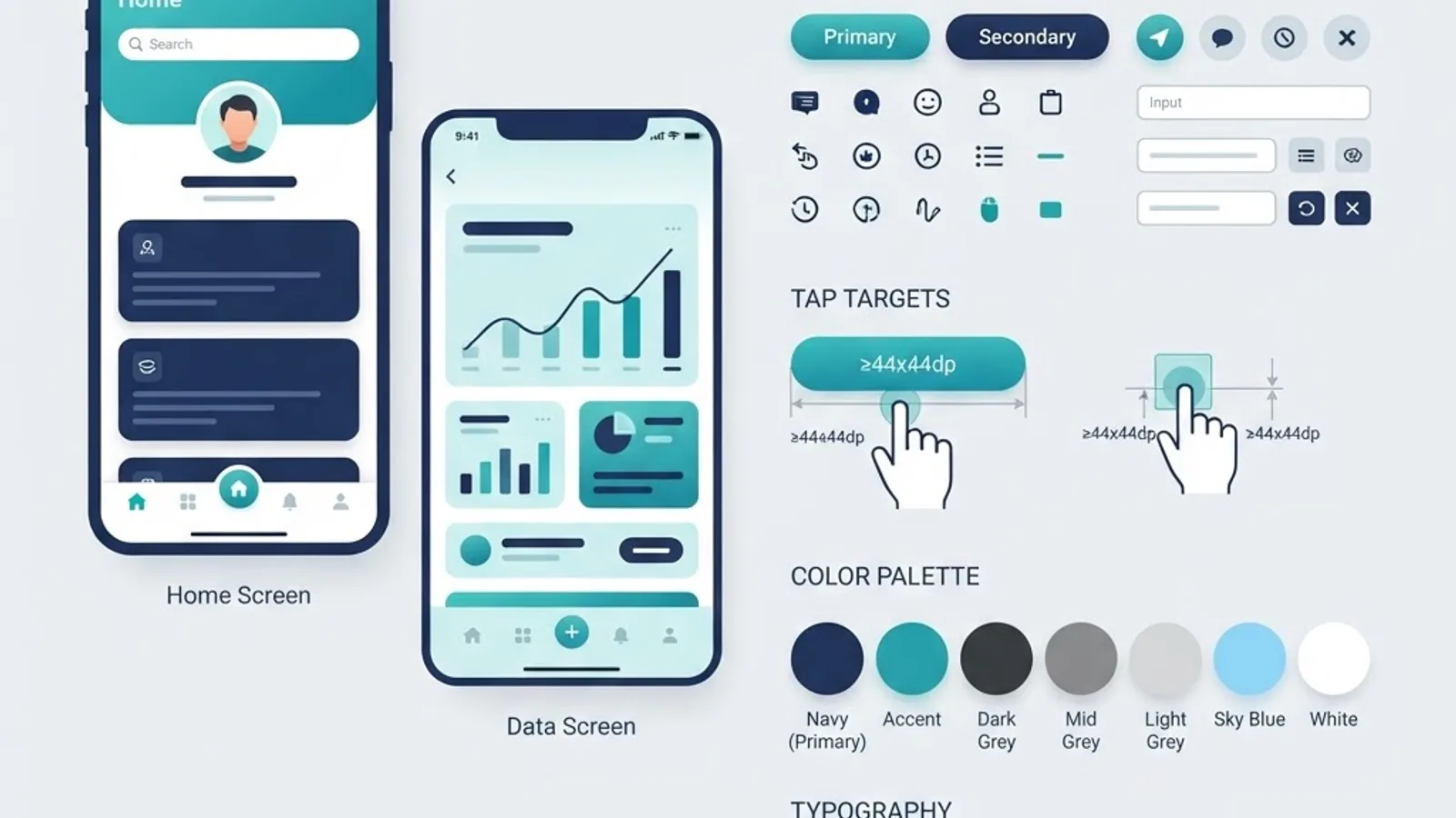 Calm accessible mobile UI design system for a mental health application