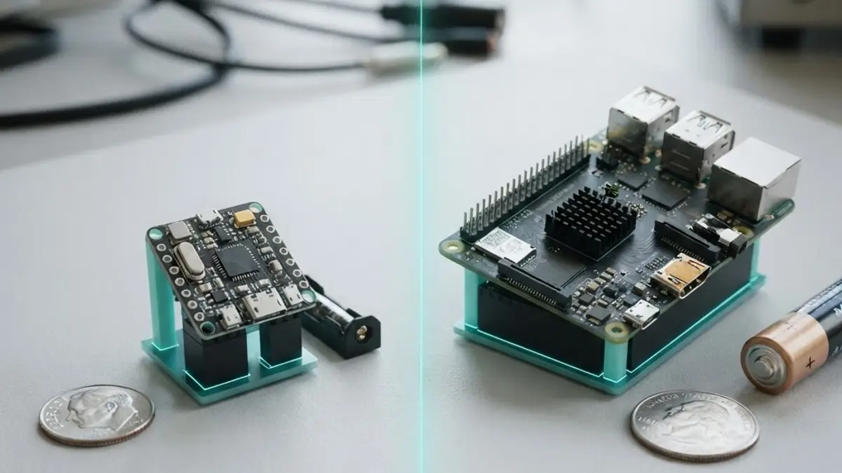 AI microcontroller compared with a larger microprocessor board