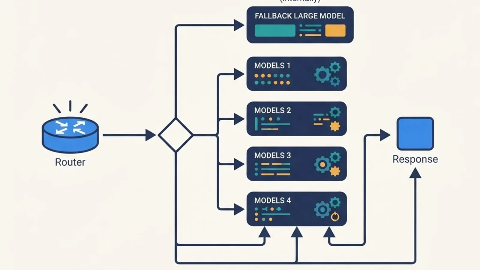 Request router distributing traffic to small specialist models with a large fallback