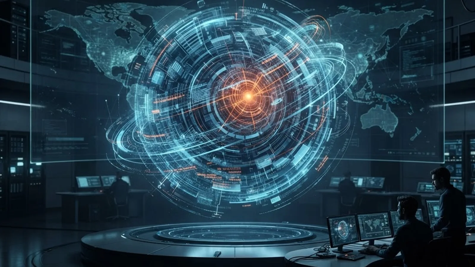 Cinematic control room with a glowing AI core representing the Mission Impossible artificial intelligence premise