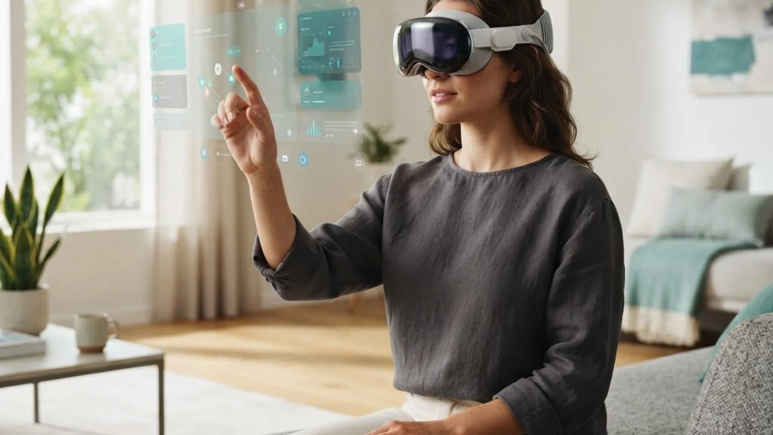 Person wearing lightweight mixed reality headset using hand tracking