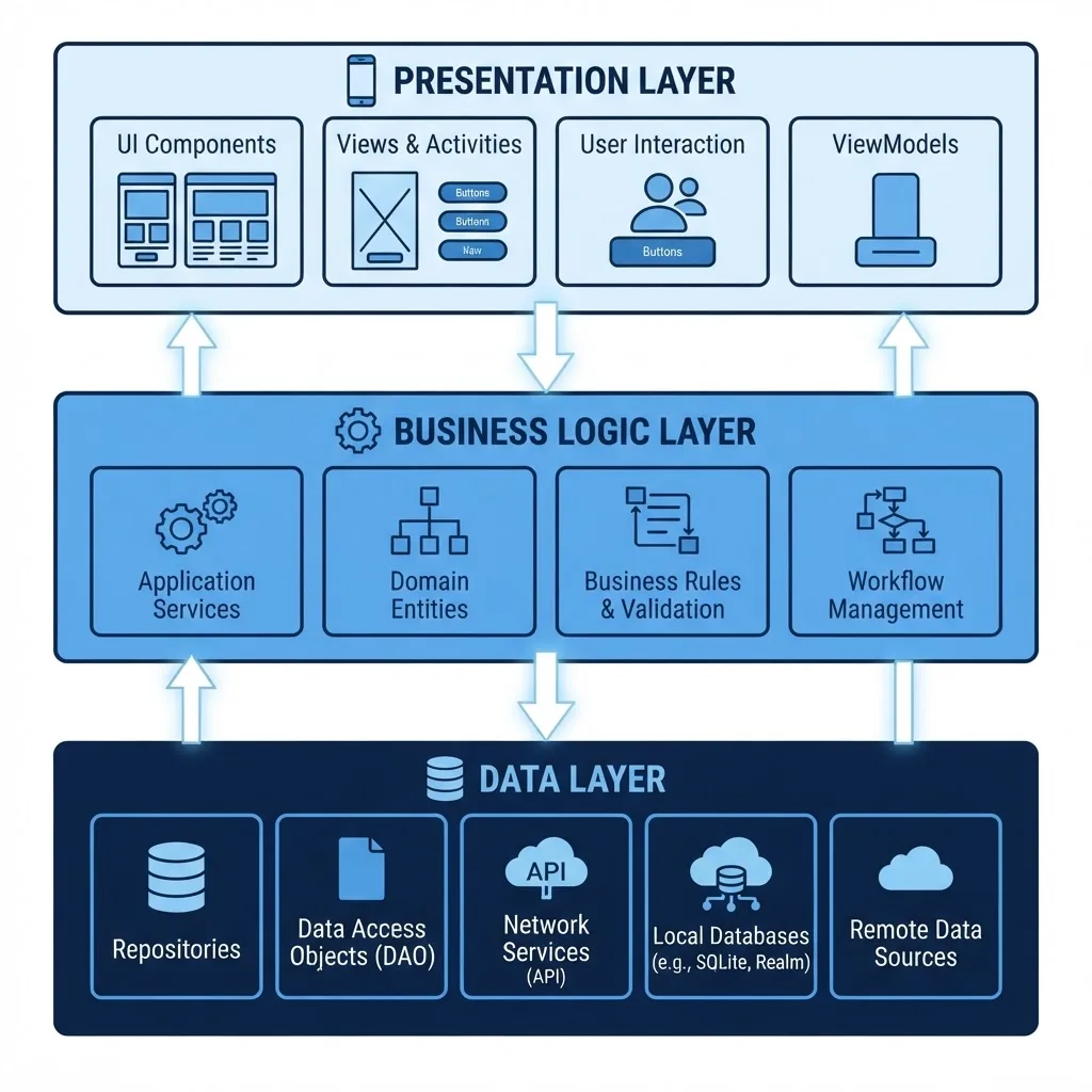 Three layer mobile app architecture diagram showing presentation, logic, and data layers