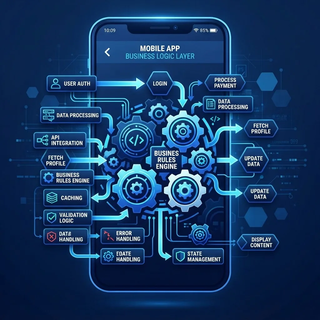 Business logic layer illustrated with gears and modular use case blocks