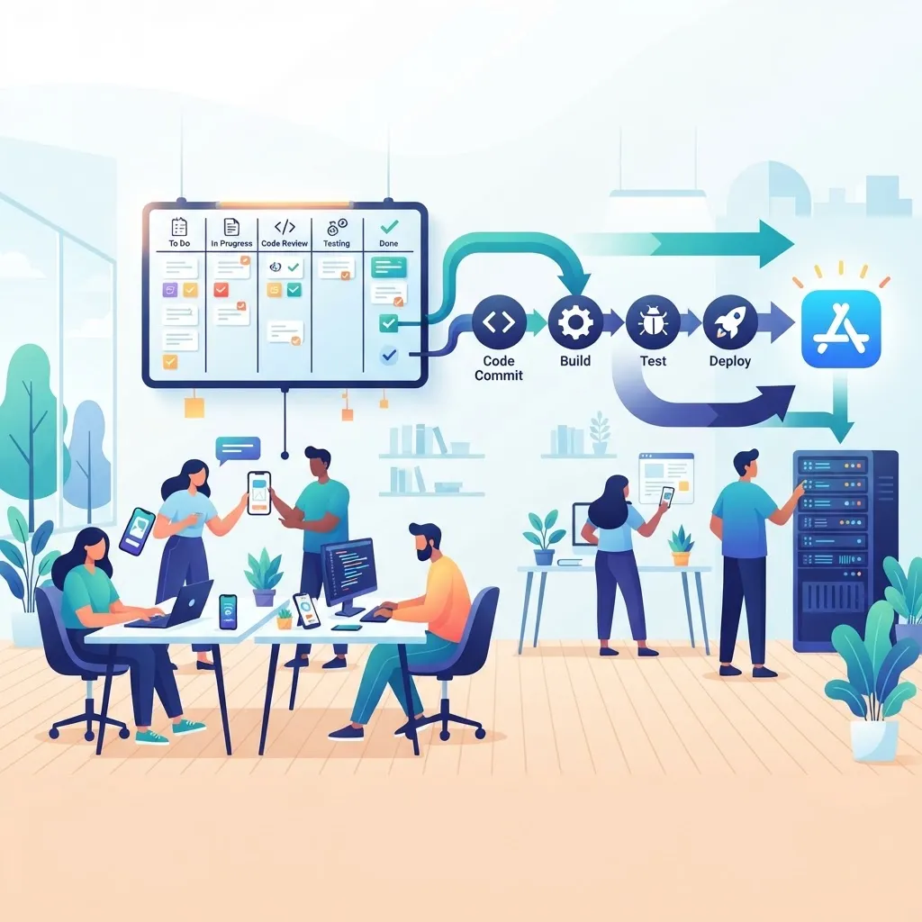 Mobile app development team workflow with prototypes and CI pipeline