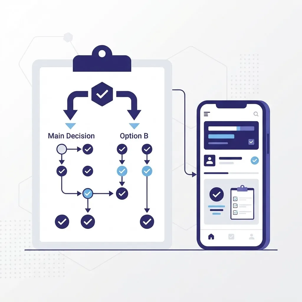 Mobile app framework selection checklist with decision arrows