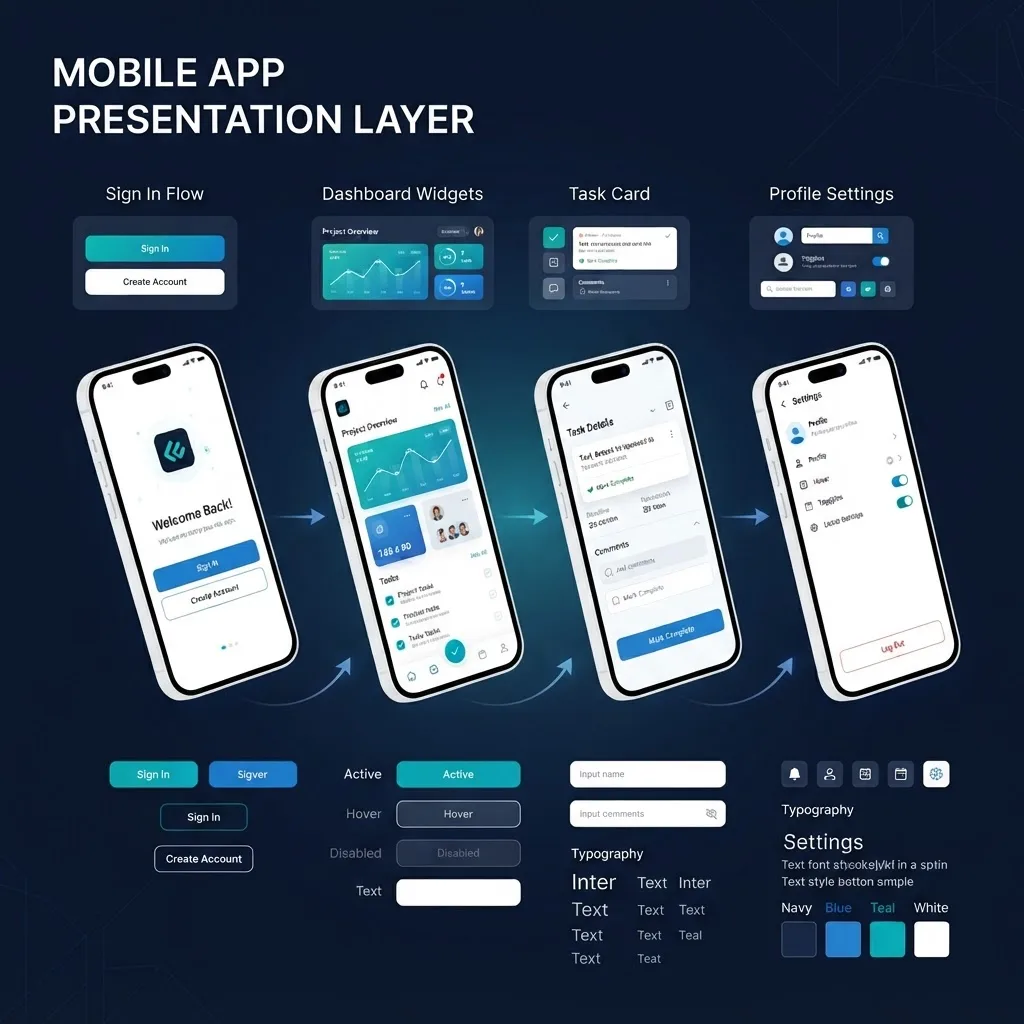 Mobile app presentation layer with wireframe screens and UI component states