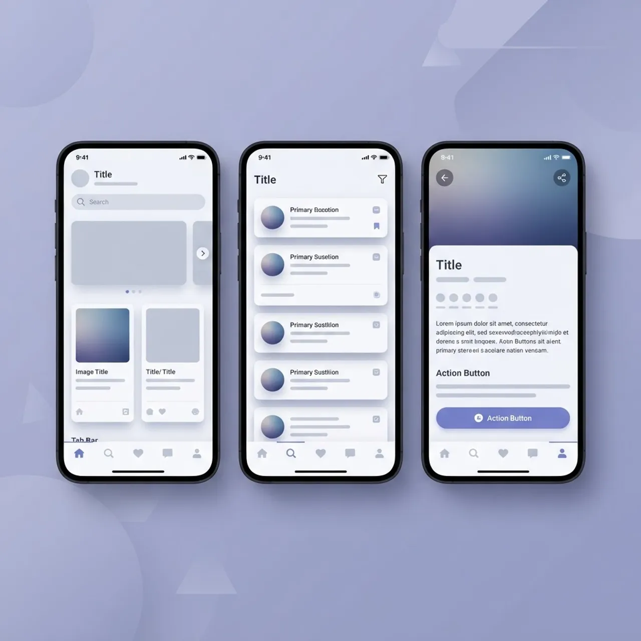 Native mobile app UI screens showing platform navigation patterns