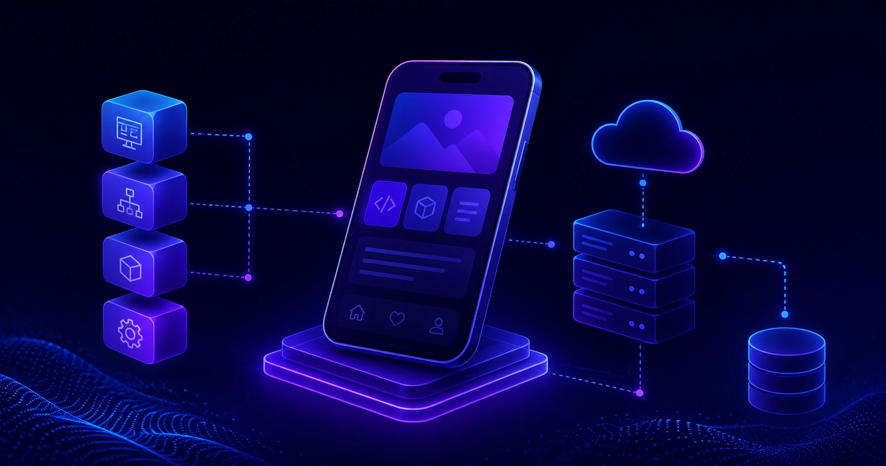 Mobile application architecture layers connected to a smartphone and cloud API