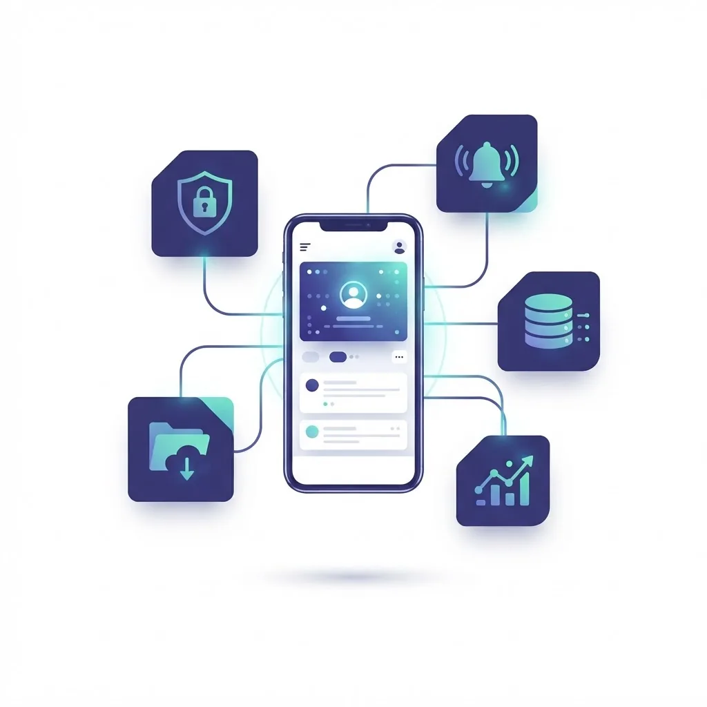 Mobile backend as a service illustration with modular tiles for authentication, database, push notifications, and storage