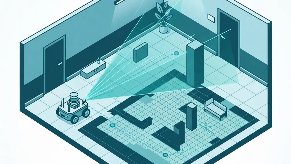 Mobile robot performing lidar SLAM and path planning in a hallway