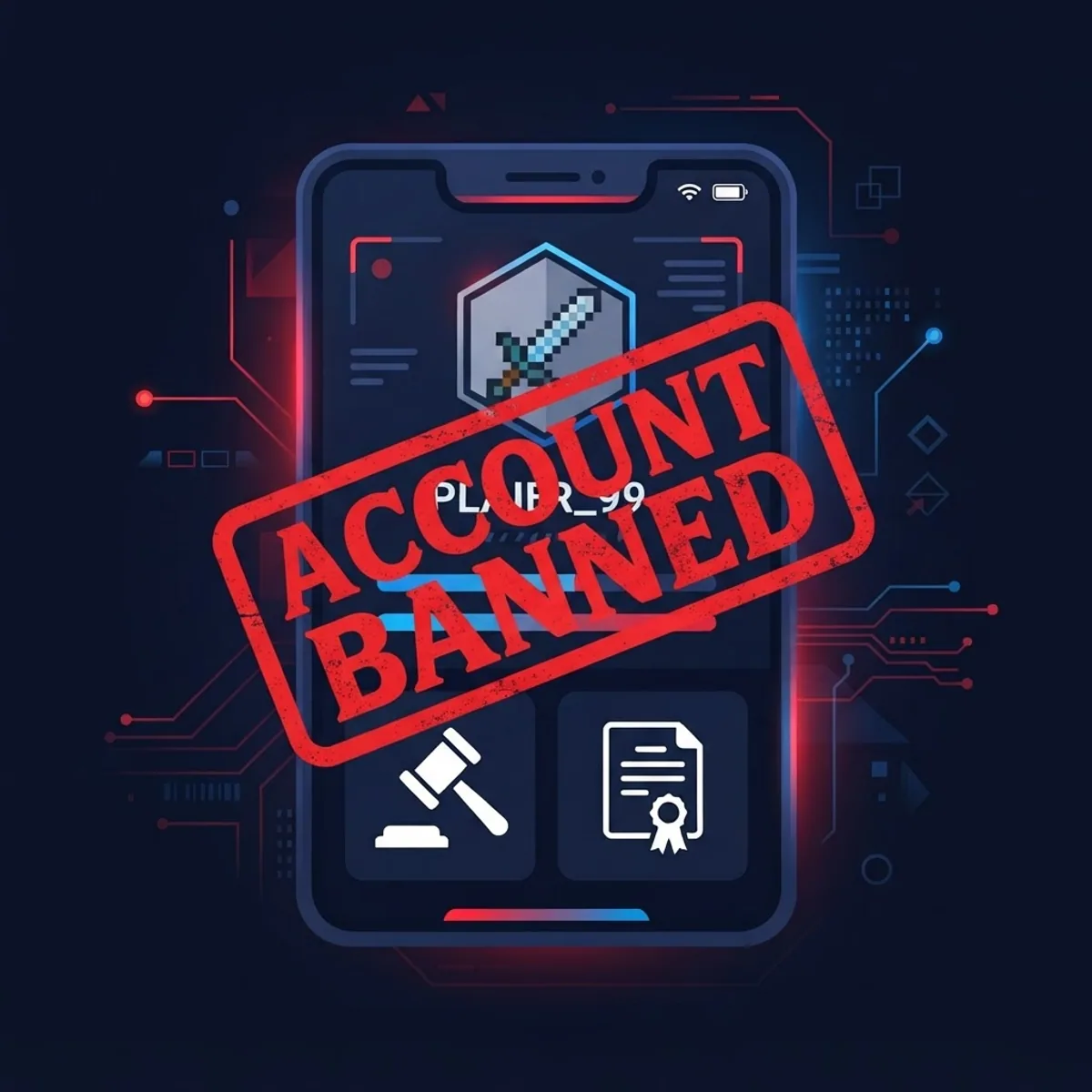 Account ban stamp with legal and licensing risk icons for modified apps