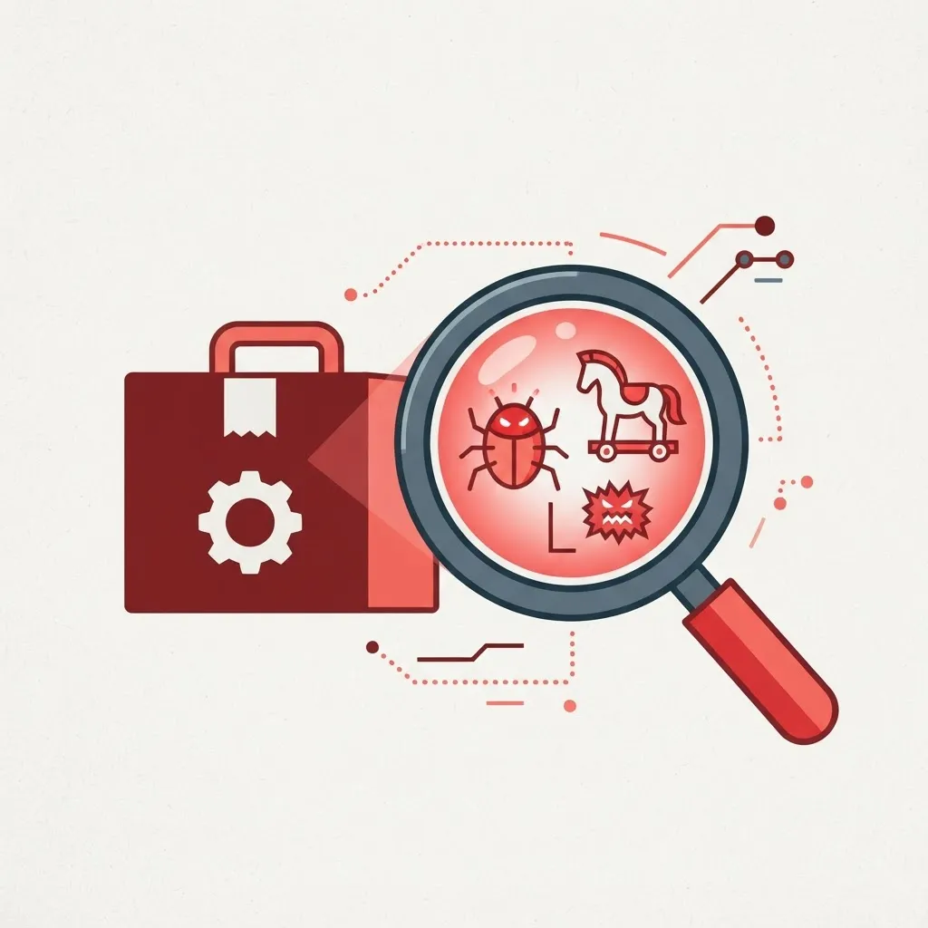 Magnifying glass revealing hidden malware in a repackaged app package