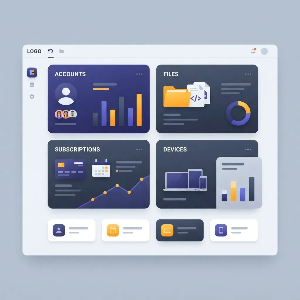 Unified online data dashboard overview showing accounts, files and devices