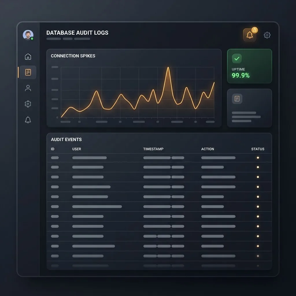 Monitoring dashboard showing MongoDB audit logs, connection spikes, and alerting