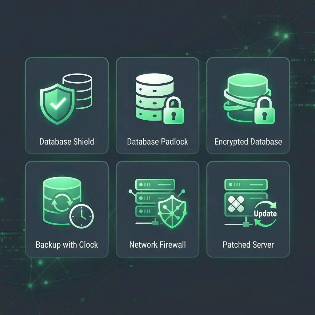 Grid of MongoDB database security best practices including patching, encryption, and backups