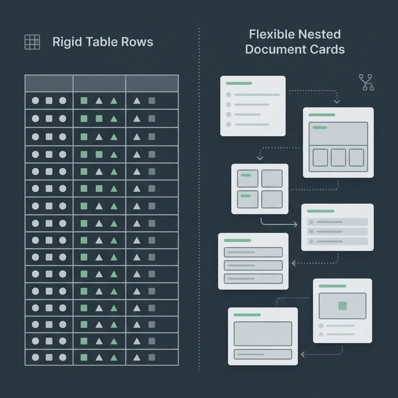 MongoDB document data model explained versus tables