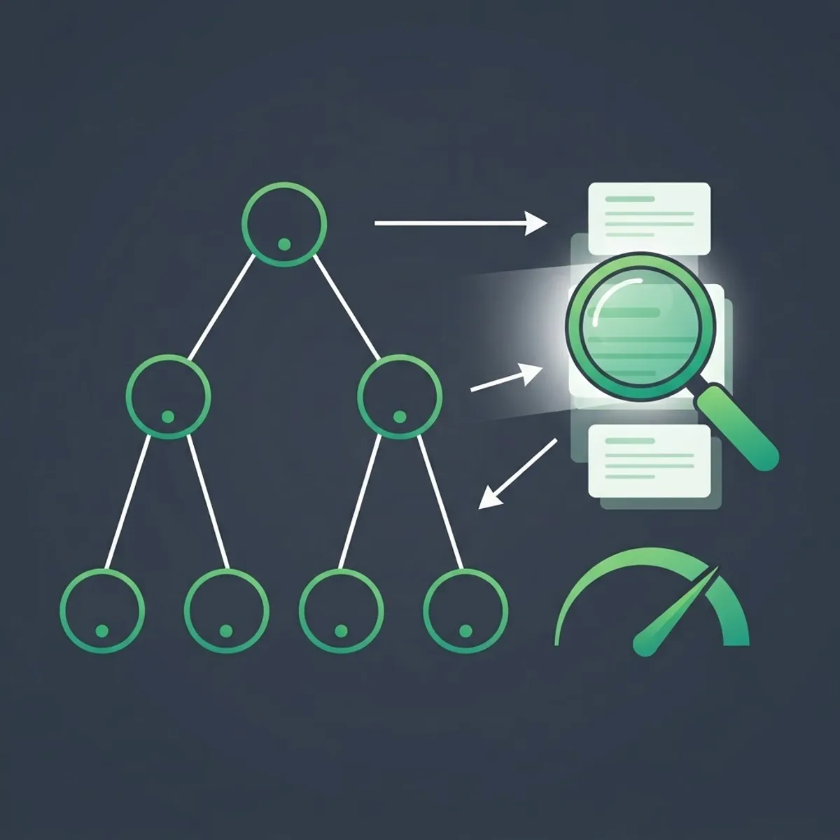 B-tree index structure with a magnifying glass scanning document records