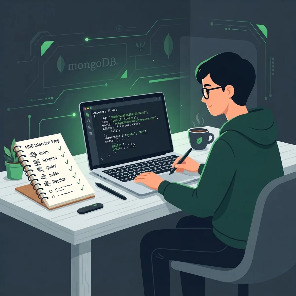 Developer preparing for a MongoDB technical interview with a checklist and laptop