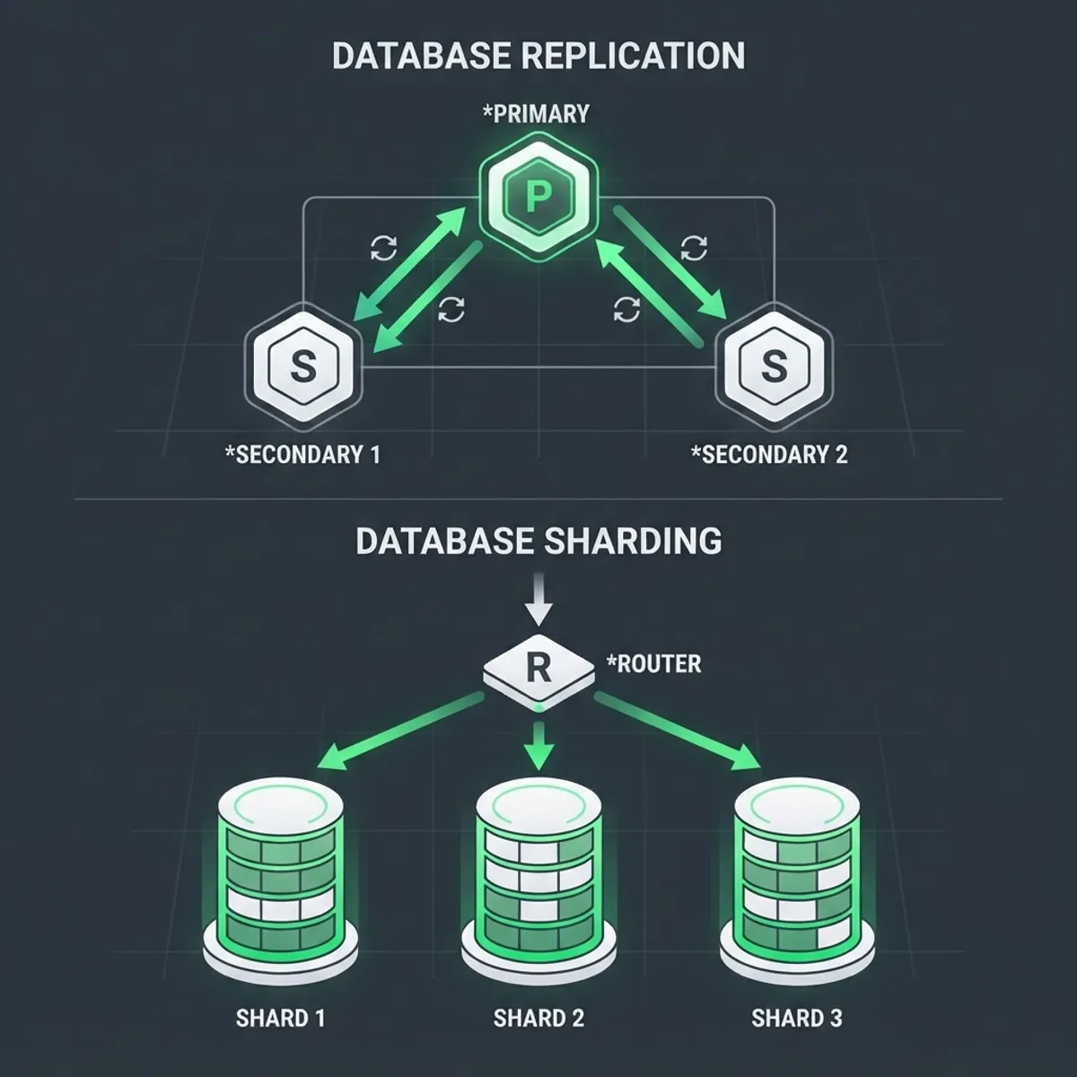Replica set with primary and secondary nodes alongside sharded data distribution