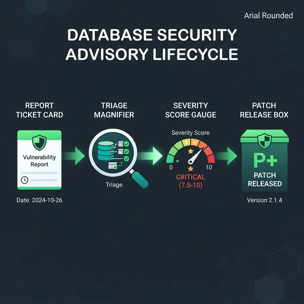 Diagram of how a MongoDB security advisory moves from report to triage to patch release