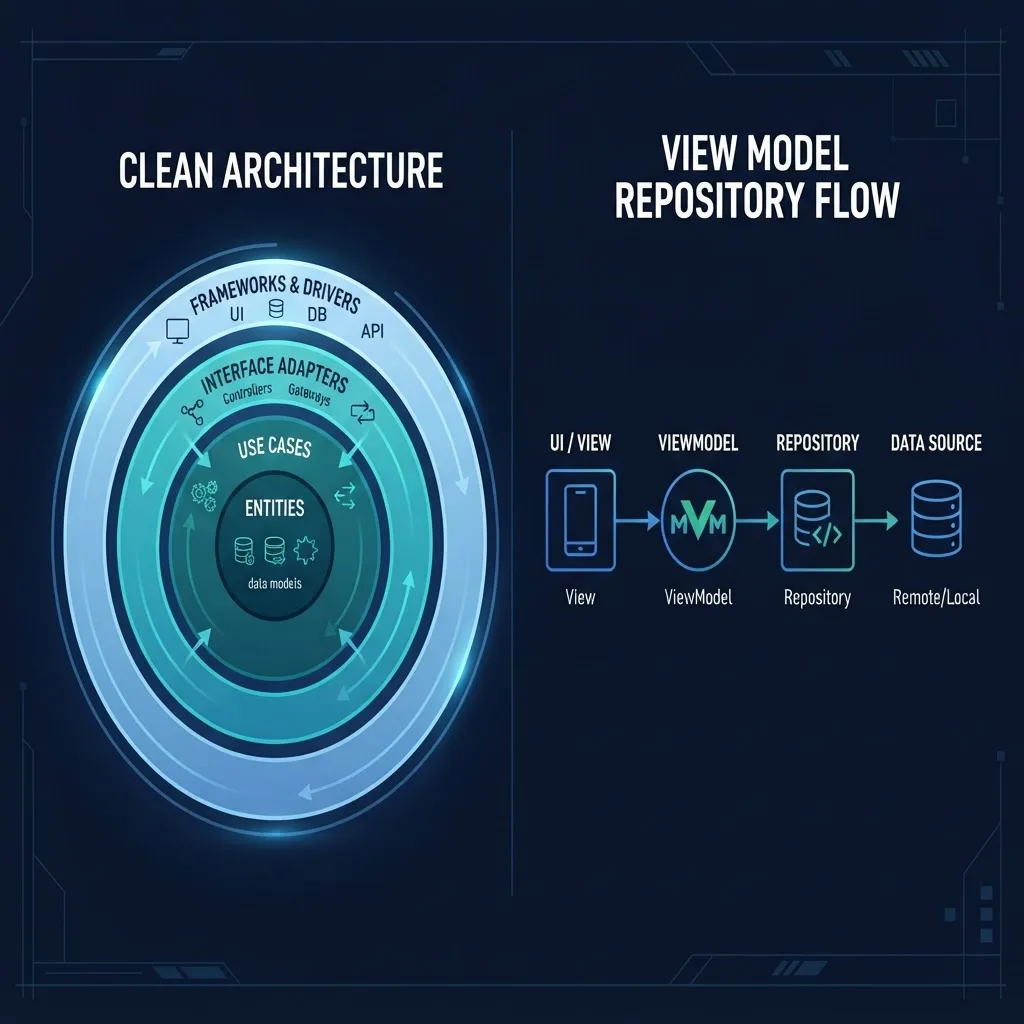Clean architecture rings beside an MVVM view model and repository flow