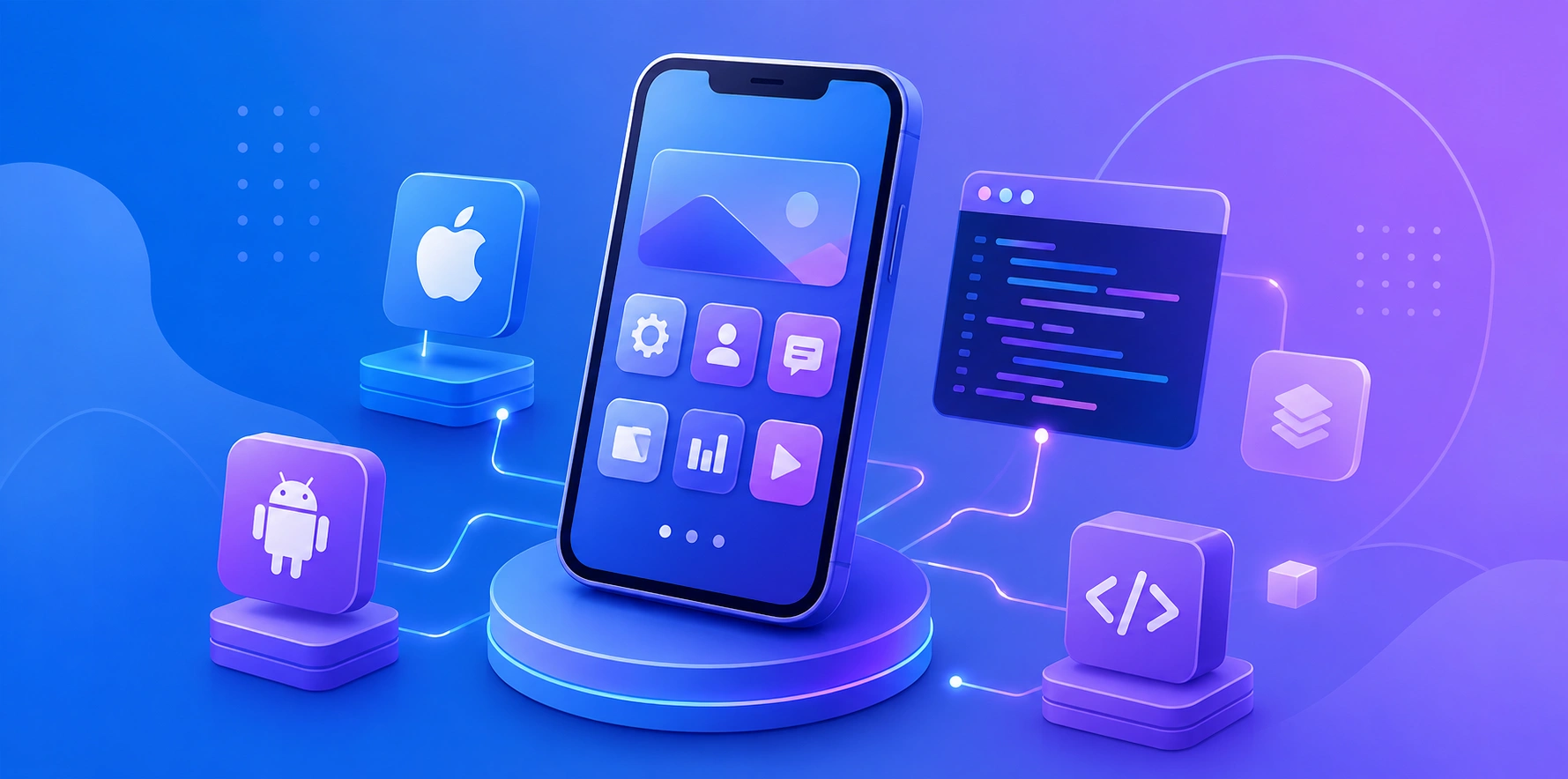 Native mobile app development services illustrated with iOS and Android devices