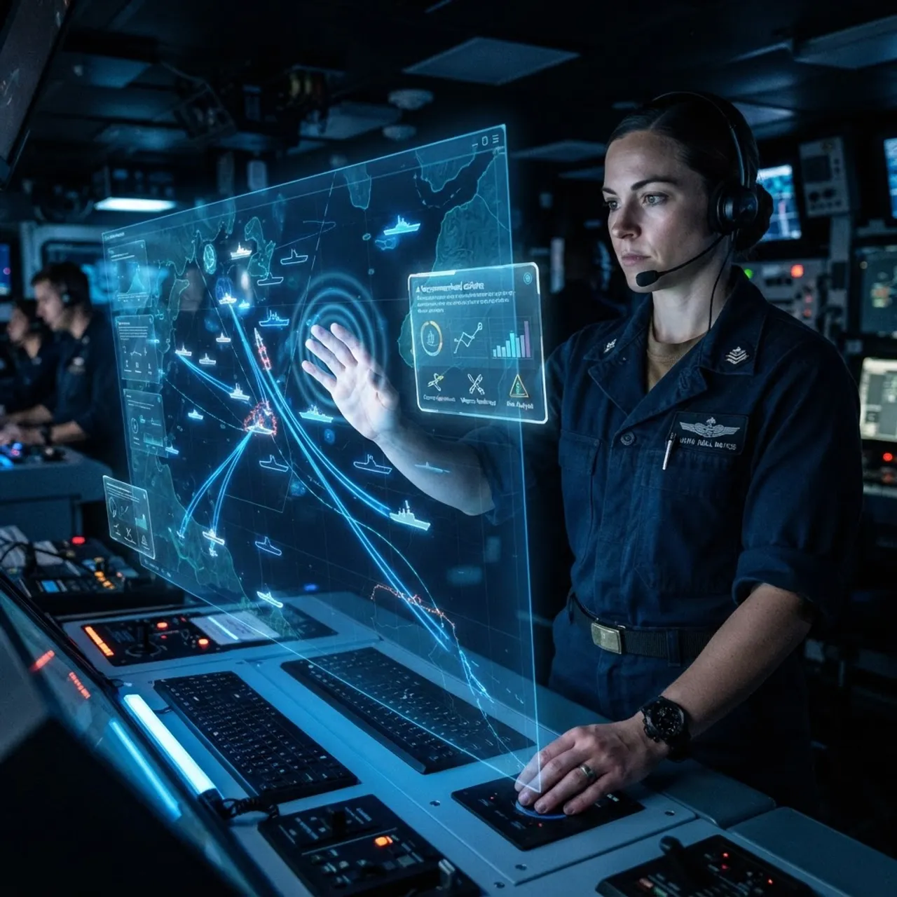 Naval AI decision-support system showing a holographic tactical map