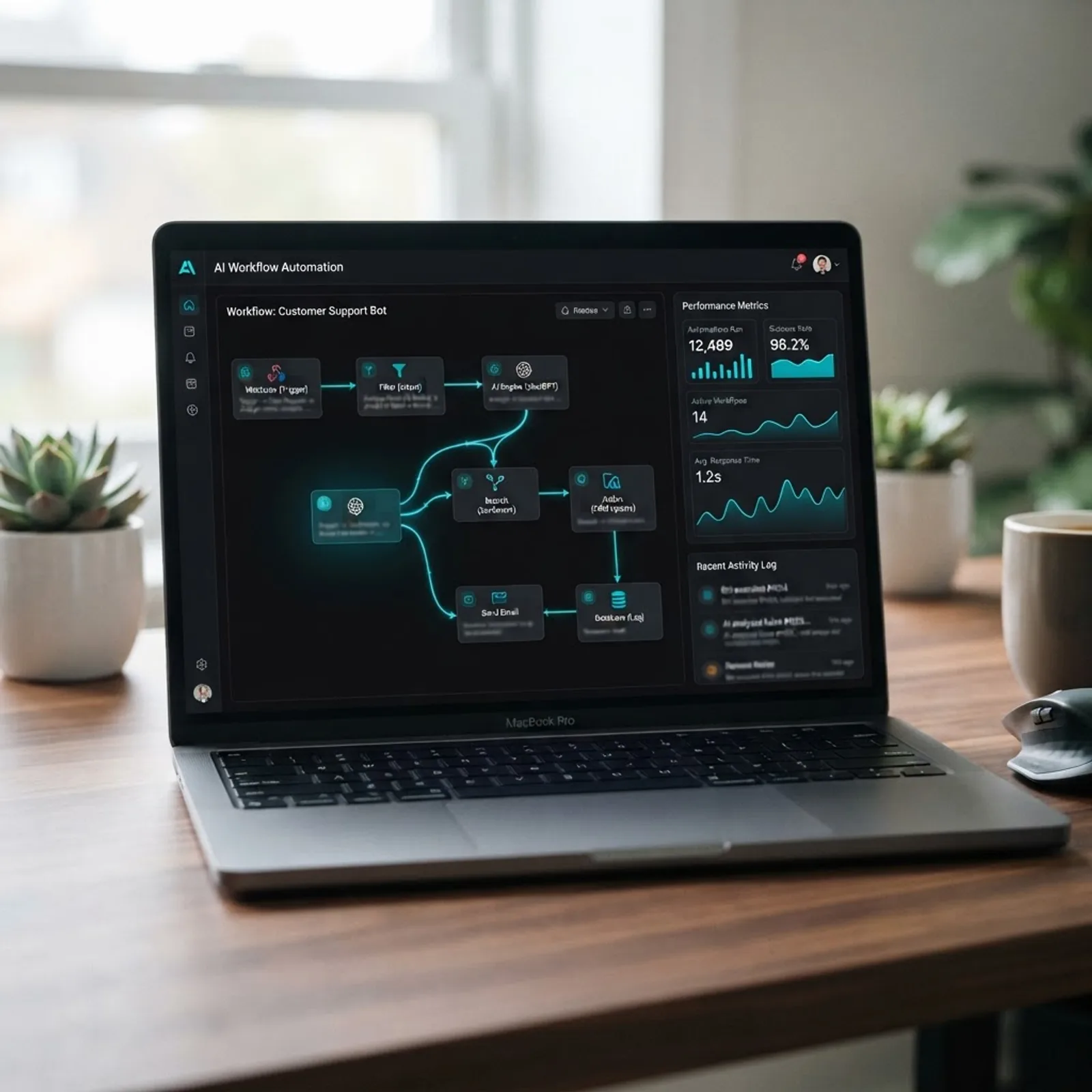 Modern AI automation dashboard mockup with a node based workflow canvas and metric cards on a dark interface