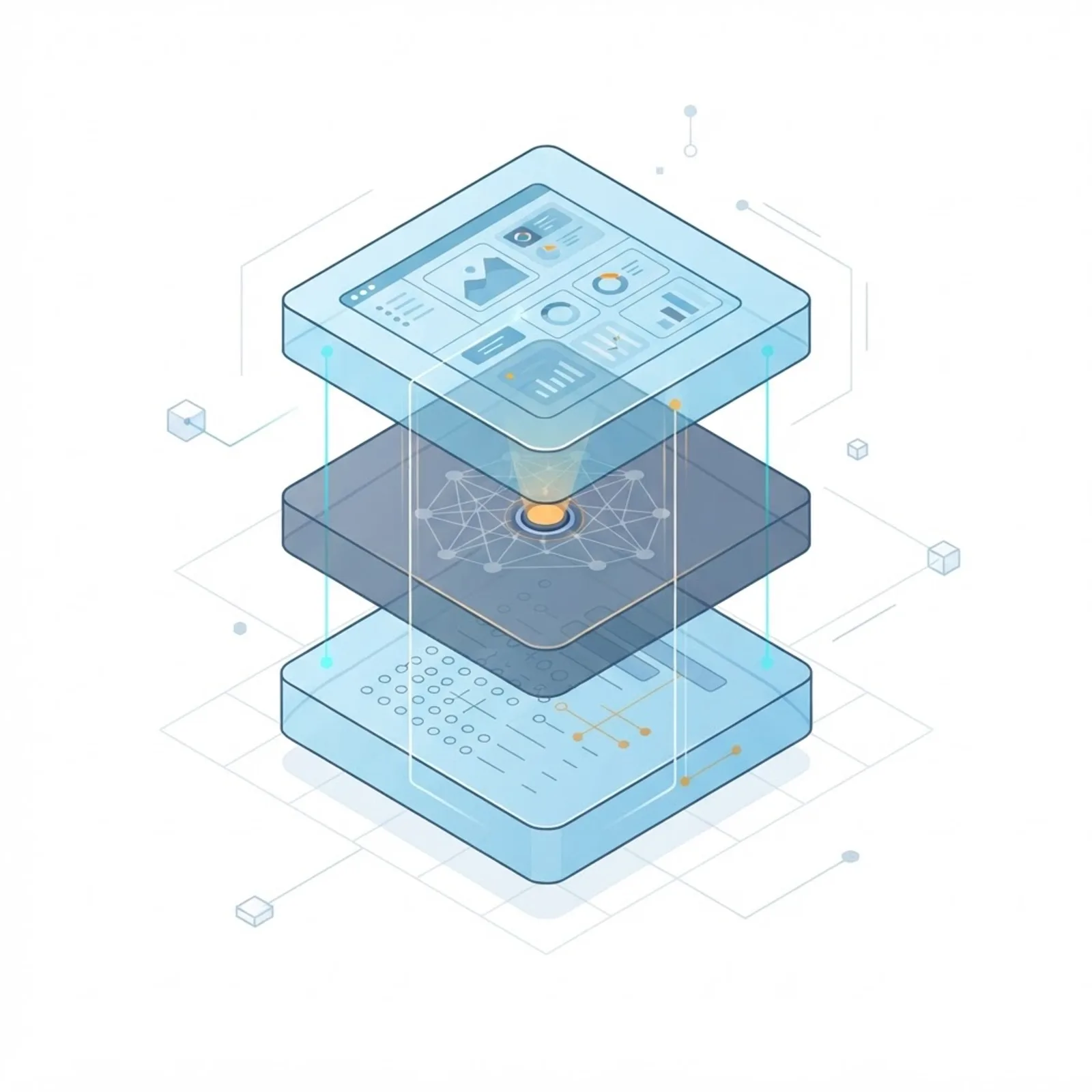 Isometric illustration of a modular enterprise AI platform showing stacked data, model, and application layers connected by glowing lines