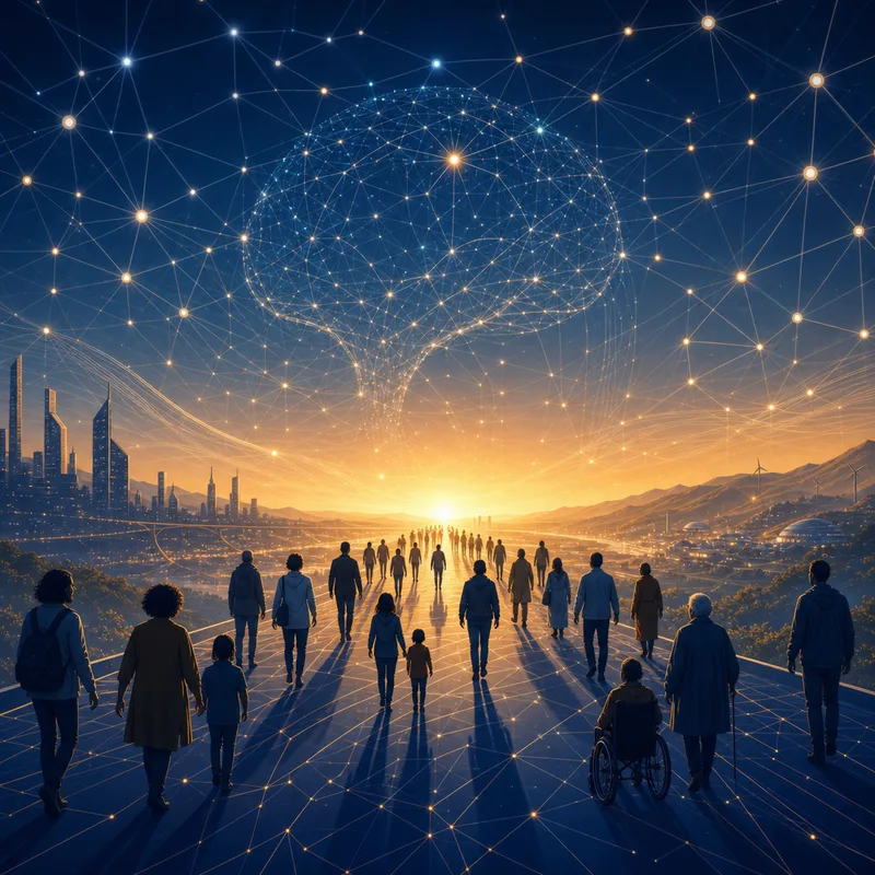 Human silhouettes walking toward a horizon beneath a glowing neural network sky
