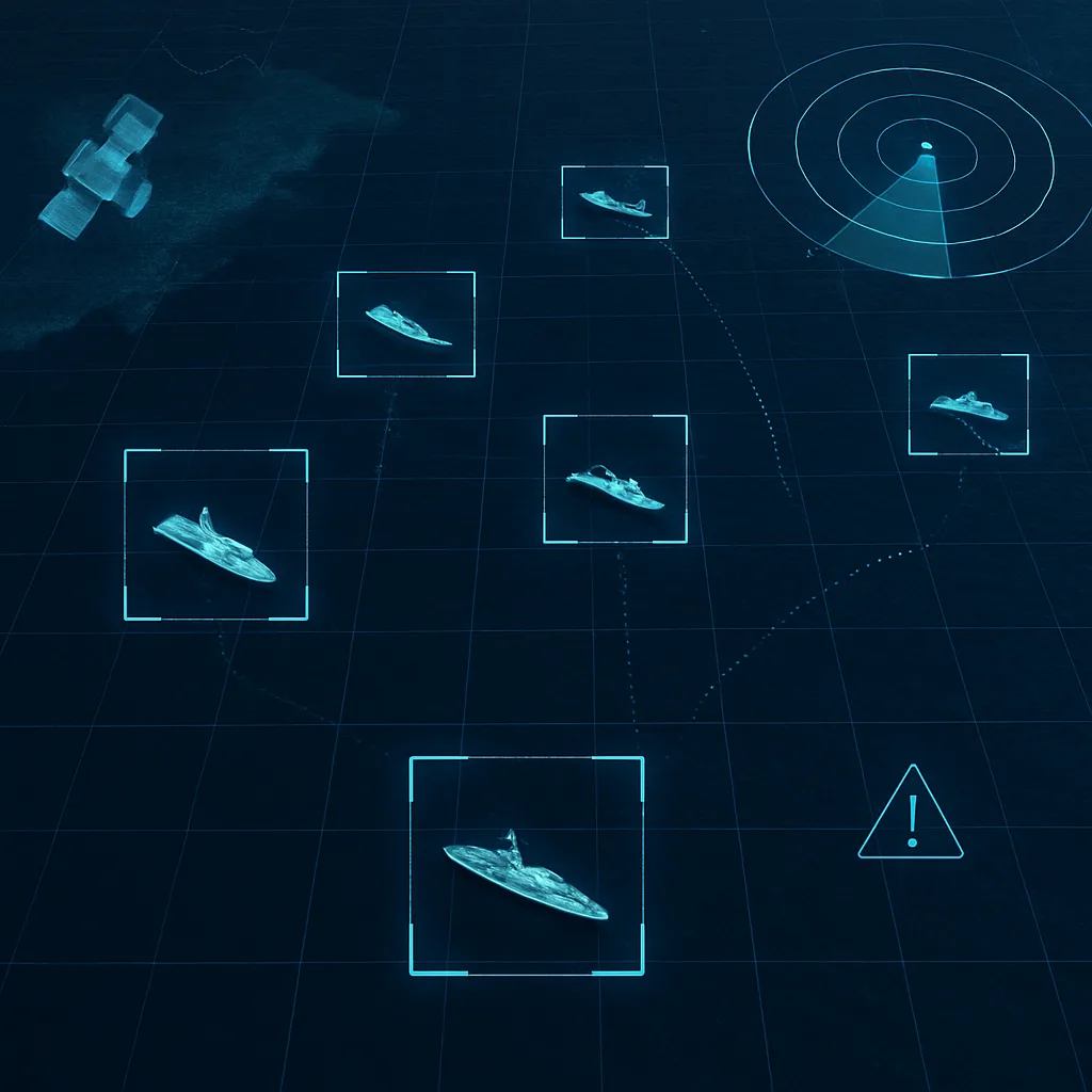 AI maritime surveillance tracking vessels on a digital sea map