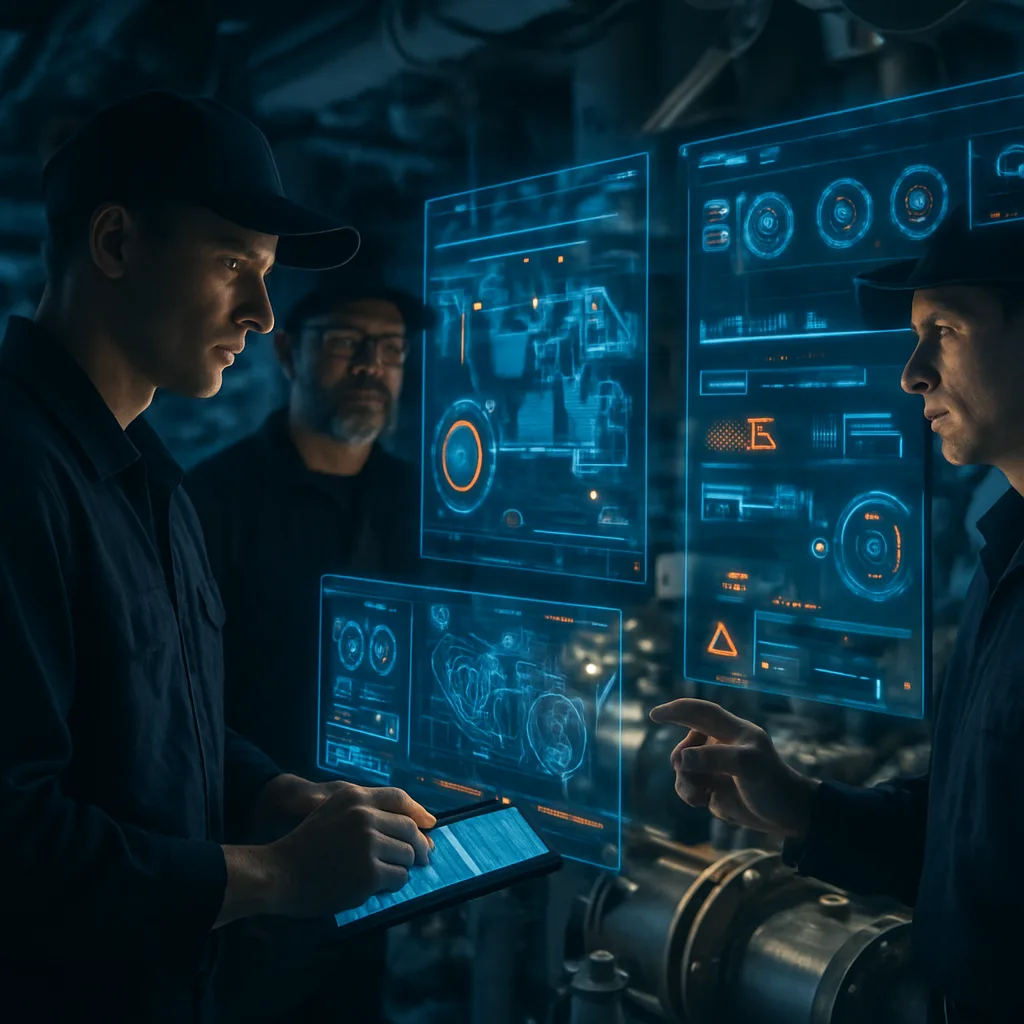 Engineers using AI predictive maintenance diagnostics in a warship engine room