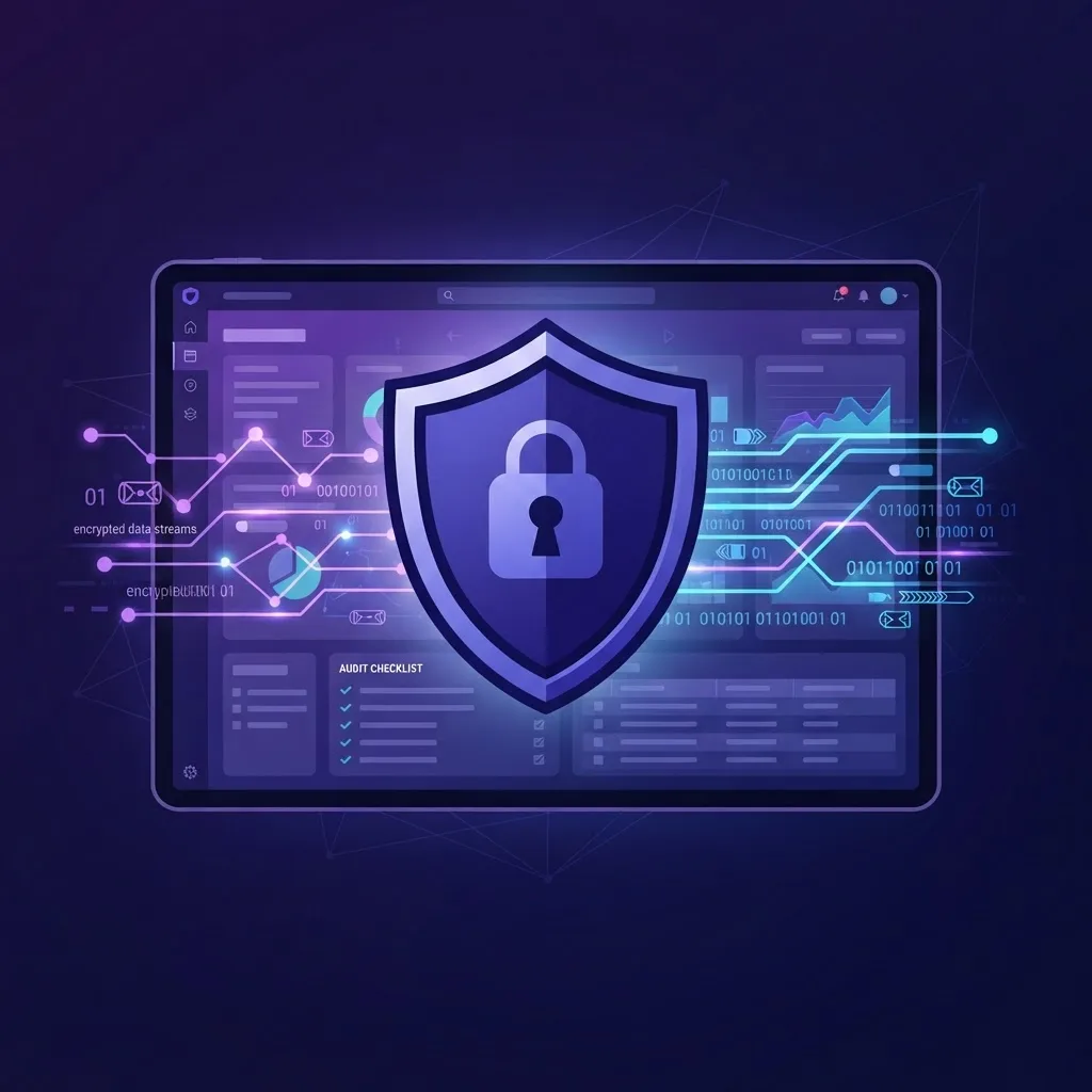 Application security shield with encrypted data streams and audit checklist