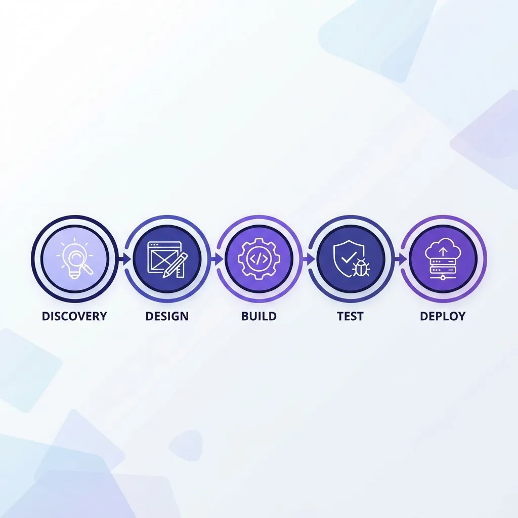 .NET software development lifecycle pipeline with discovery, design, build, test, and deploy stages
